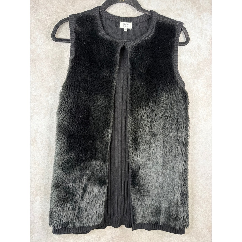 Crown & Ivy Faux Fur Knit Vest Women XS Black Ribbed Sleeveless Hook Eye Closure